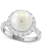 Effy Cultured Freshwater Pearl (10mm) & Diamond (5/8 ct. t.w.) Halo Ring in 14k White Gold