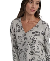 Dkny Jeans Women's Logo-Pattern V-Neck Long-Sleeve Pullover Sweater