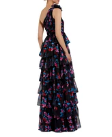 Mac Duggal Women's One Shoulder Printed Chiffon Tiered Ruffle Gown