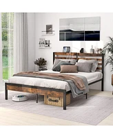 Sugift Queen Size Bed Frame with Charging Station and Storage Headboard