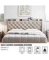 gaomon Queen Bed Frame with Charging Station and Wingback Headboard