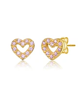 GiGiGirl Sterling Silver 14K Gold Plated with Pink Cubic Zirconia Pave Heart Stud Earrings