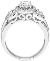 Diamond Halo Three Stone Ring (1 ct. t.w.) in 14k White Gold