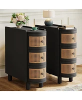 Tribesigns Solid Wood End Table Set of 2, 3-Drawer Rattan Side Table, Night Stand with 3 Rattan Drawers and Exquisite Embossed Handles for Living Room