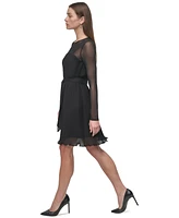 Dkny Petite Jewel-Neck Belted A-Line Pleated Mesh Dress