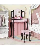 Costway Kids Vanity Set Toddler Makeup Table & Stool with Tri-folding Mirror Drawer Light