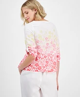 Charter Club 100% Linen Floral 3/4-Sleeve Top