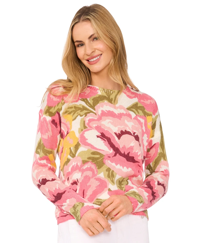 CeCe Women's Bold Roses Patterned Crewneck Sweater