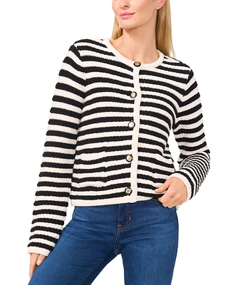 CeCe Women's Striped Patch-Pocket Cardigan Sweater