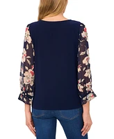 CeCe Women's V-Neck Mixed-Media Floral-Sleeve Top