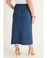 June + Vie Plus Front-Slit Denim Midi Skirt