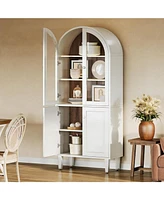 Tribesigns 68" Tall Arched Storage Cabinet, White 5-Tier Display Bookcase with Doors and Adjustable Shelves, Farmhouse Wooden Bookshelf, Kitchen Pantr