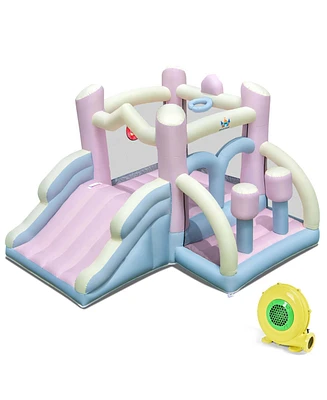 Costway Macron Pastel Bounce House with Slide Basketball Hoop Boxing 480W Blower Included