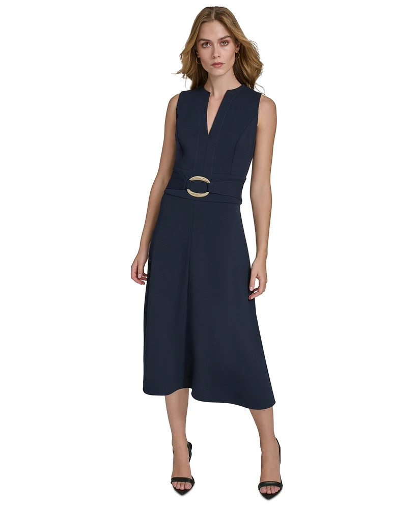 Halston Women's Split-Neck Sleeveless A-Line Dress