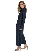 Halston Women's Pinstripe Long-Sleeve Belted Wide-Leg Jumpsuit