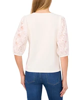 CeCe Women's Floral Embroidered Woven Crew Neck Sweater