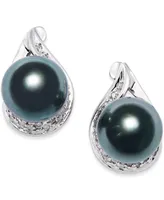 Cultured Tahitian Black Pearl (9mm) and Diamond (1/6 ct. t.w.) Earrings in 14k White Gold