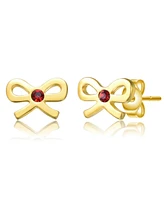 GiGiGirl Sterling Silver 14K Gold Plated Red Velvet Cubic Zirconia Ribbon Bow Tie Stud Earrings