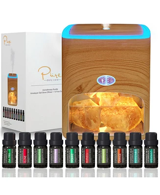 Pure Daily Care Himalayan Aromatherapy Pink Salt Diffuser & 10 Essential Oils – Aromatherapy & Ionic Himalayan Salt - Light Wood