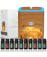 Pure Daily Care Himalayan Aromatherapy Pink Salt Diffuser & 10 Essential Oils – Aromatherapy & Ionic Himalayan Salt - Light Wood