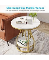 Tribesigns Round Side Table White Gold End Table 2-Tier End Table Modern Bedside Table Small Side Table with Storage for Couch Side, Sofa Side Table w