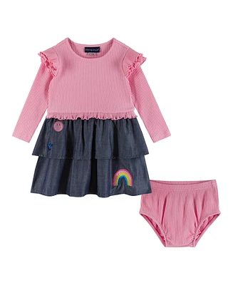 Andy & Evan Baby Girls Pink Rib Knit Top w/Attached Chambray Tiered Skirt Set