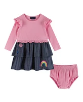 Andy & Evan Baby Girls Pink Rib Knit Top w/Attached Chambray Tiered Skirt Set