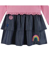 Andy & Evan Baby Girls Pink Rib Knit Top w/Attached Chambray Tiered Skirt Set