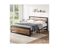 gaomon Industrial Full Size Bed Frame, Full Bed Platform with Wooden Headboard No Box Spring Needed