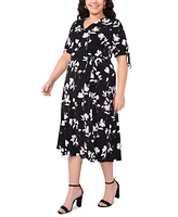 Msk Plus Printed V-Neck Tie-Waist Midi Dress