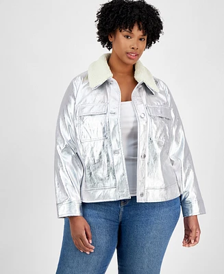 On 34th Plus Metallic Faux-Leather Sherpa-Trim Jacket, Exclusively at Macy's