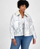 On 34th Plus Metallic Faux-Leather Sherpa-Trim Jacket, Exclusively at Macy's