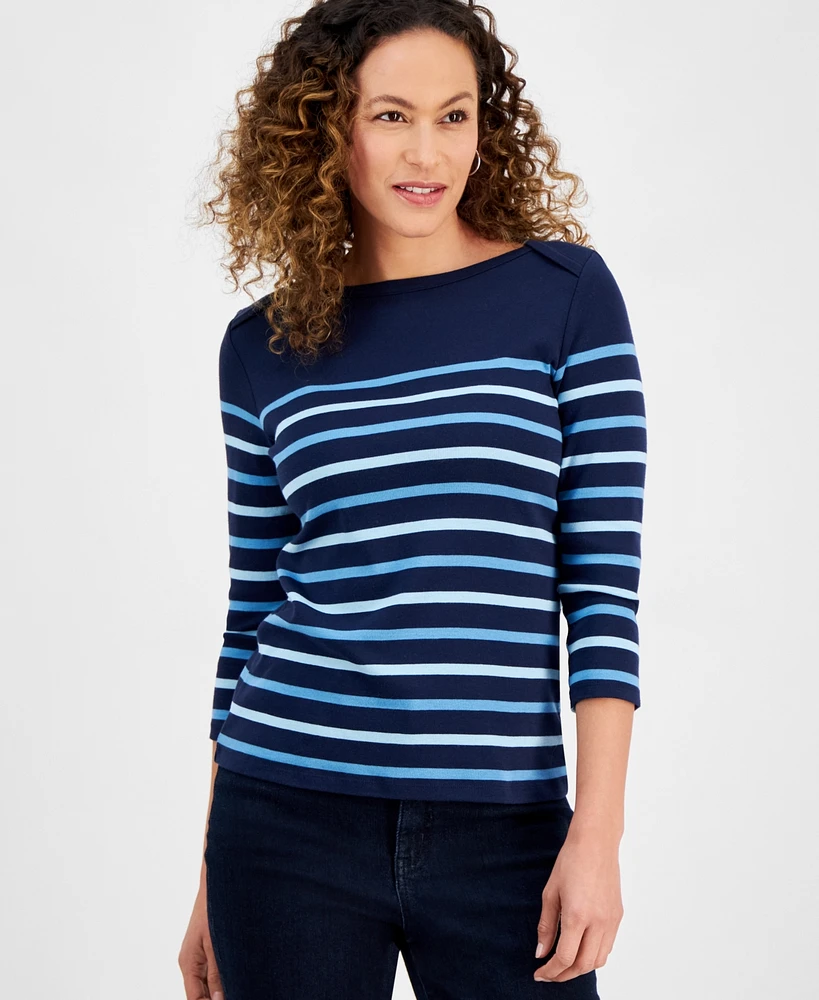 Style & Co Petite Cotton Striped Boat-Neck 3/4-Sleeve Top, Exclusively at Macy's