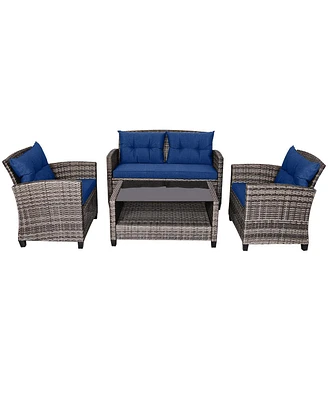 Gouun 4 Pieces Patio Rattan Furniture Set with Coffee Table and Cushioned Sofa