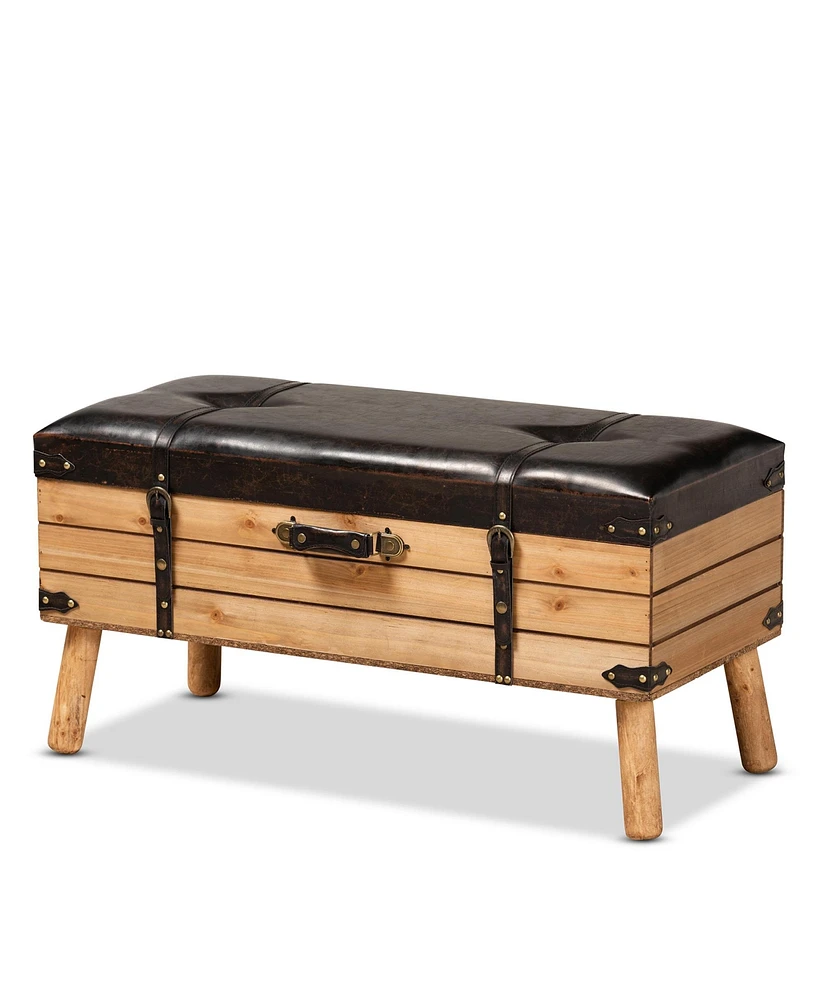 Baxton Studio Amena Rustic Transitional Dark Brown Pu Leather Upholstered and Oak Finished Wood Large Storage Ottoman