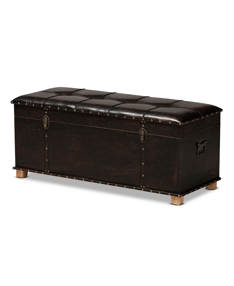 Baxton Studio Janna Rustic Transitional Dark Brown Faux Leather Upholstered and Oak Brown Finished Wood Storage Ottoman