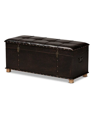 Baxton Studio Janna Rustic Transitional Dark Brown Faux Leather Upholstered and Oak Brown Finished Wood Storage Ottoman