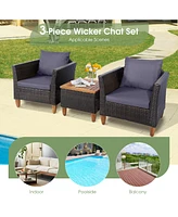 Gouun 3 Pieces Outdoor Patio Wicker Furniture Set with Cushions and Acacia Wood Table