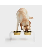 Hiddin Medium Clear Double Bowl Pet Feeder, 1 Quart Gold Bowls