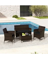 Gouun 4 Pieces Rattan Sofa Set with Glass Table and Comfortable Wicker for Outdoor Patio