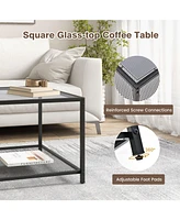 Gouun Modern 2-Tier Square Glass Table with Mesh Shelf