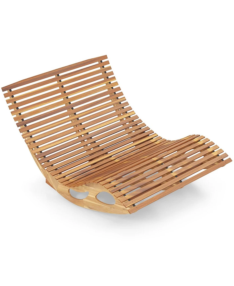 Gouun Slatted Acacia 2-Seat Patio Dual Rocker Sunbed Wood Lounger with Ergonomic Curved Seat