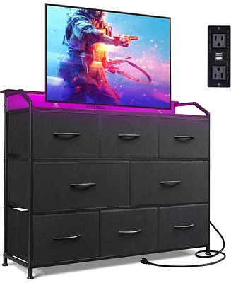 Wlive Fabric Dresser with 8 Drawers Led Light Power Station