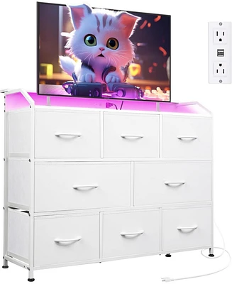 Wlive Fabric Dresser with 8 Drawers Led Light Power Station