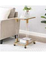 Lovmor 17.72"Golden Side Table, Acrylic Sofa Table, Glass Top C Shape Square Table with Metal Base for Living Room, Bedroom, Balcony Home and Office