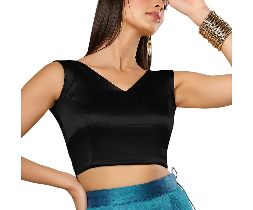 One Minute Saree Women's Amiya Black Satin Comfort Stretch V Neck Sleeveless Blouse