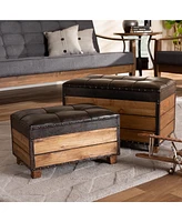 Baxton Studio Marelli Rustic Dark Brown Faux Leather Upholstered 2-Piece Wood Storage Trunk Ottoman Set