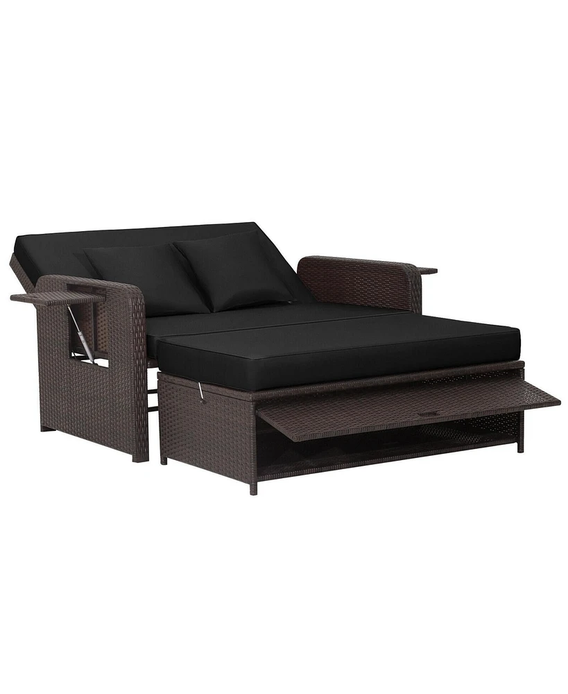 Gouun Patio Rattan Daybed with 4-Level Adjustable Backrest and Retractable Side Tray