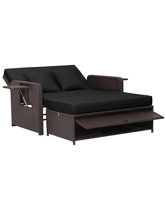 Gouun Patio Rattan Daybed with 4-Level Adjustable Backrest and Retractable Side Tray