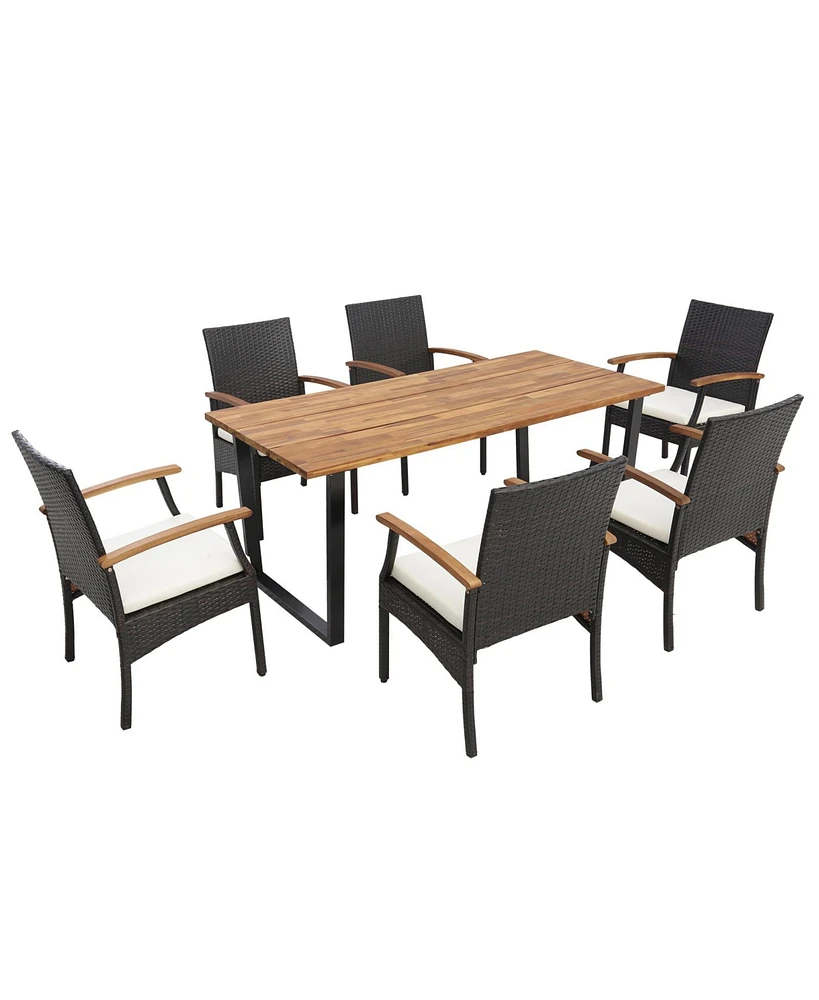 Gouun 7 Pieces Outdoor Wicker Chair and Dining Table Set-Wood Handrail